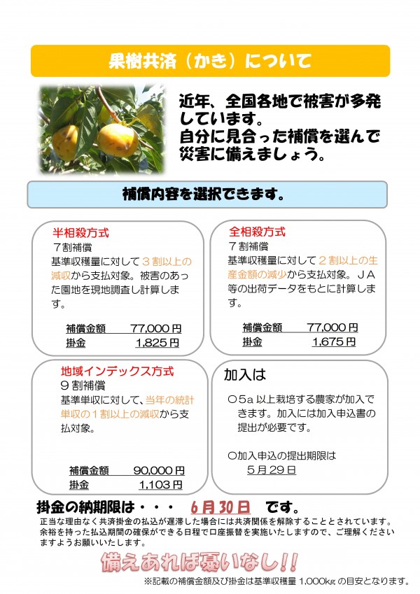 果樹共済（かき）について近年、全国各地で被害が多発しています。 ※記載の補償金額及び掛金は基準収穫量1,000kgの目安となります半相殺方式 　７割補償 　基準収穫量に対して3割以上の減収から支払対象。被害のあった園地を現地調査し計算します。  補償金額　　 77,000円 掛金　　　    1,825円全相殺方式 　7割補償 　基準収穫量に対して2割以上の生産金額の減少から支払対象。ＪＡ等の出荷データをもとに計算します。  補償金額　　 77,000円 掛金　　　    1,675円全相殺方式地域インデックス方式 9割補償 　基準単収に対して、当年の統計単収の１割以上の減収から支払対象。   補償金額　　 90,000円 掛金　1,103円加入は〇５a以上栽培する農家が加入できます。加入には加入申込書の提出が必要です。  〇加入申込の提出期限は5月29日掛金の納期限は6月30日です。正当な理由なく共済掛金の払込が遅滞した場合には共済関係を解除することとされています。余裕を持った払込期間の確保ができる日程で口座振替を実施いたしますので、ご理解くださいますようお願いいたします。