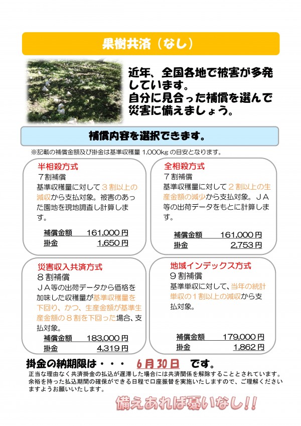 果樹共済（なし）近年、全国各地で被害が多発しています。 自分に見合った補償を選んで災害に備えましょう。補償内容を選択できます。※記載の補償金額及び掛金は基準収穫量1,000kgの目安となります半相殺方式 　７割補償 　基準収穫量に対して3割以上の減収から支払対象。被害のあった園地を現地調査し計算します。  補償金額　　161,000円 掛金　　　　　 1,650円全相殺方式 　7割補償 　基準収穫量に対して2割以上の生産金額の減少から支払対象。ＪＡ等の出荷データをもとに計算します。  補償金額　　 161,000円 掛金　　　    　2,753円災害収入共済方式 8割補償 　ＪＡ等の出荷データから価格を加味した収穫量が基準収穫量を下回り、かつ、生産金額が基準生産金額の8割を下回った場合、支払対象。　 補償金額　　183,000円 掛金　　　　　 4,319円地域インデックス方式 9割補償 　基準単収に対して、当年の統計単収の１割以上の減収から支払対象。   補償金額　　 179,000円 掛金　　　　　　1,862円掛金の納期限は6月30日　です。